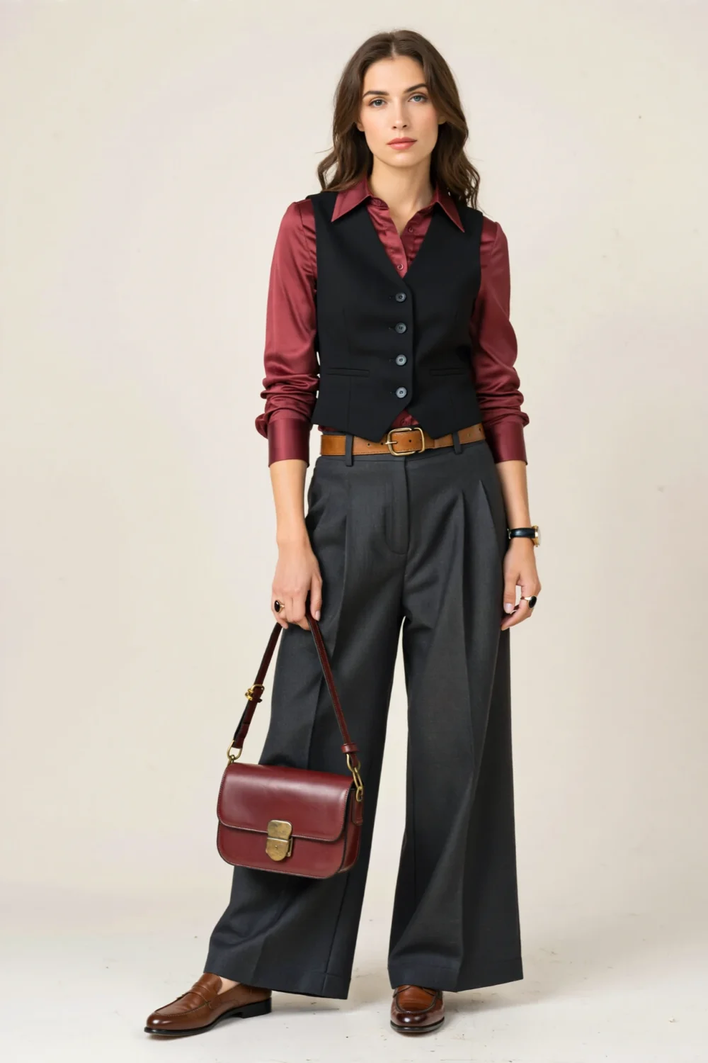 Vintage scholar outfit with raisin blouse, black waistcoat, smoky trousers, brown oxfords and oxblood satchel for autumn polish