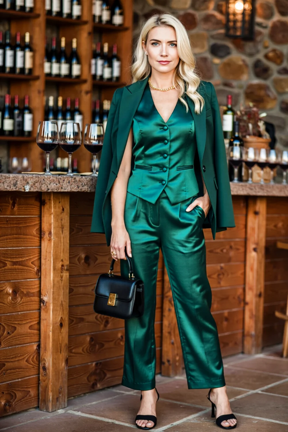 Woman in emerald waistcoat suiting set with matching trousers and blazer over shoulders, black heels and handbag at wine bar.