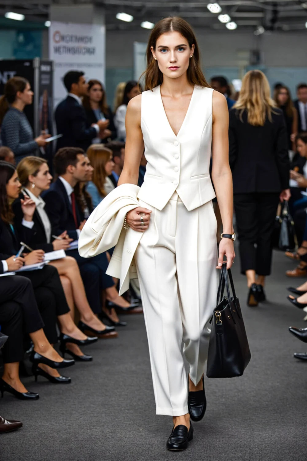 Woman in white waistcoat top and matching trousers holds blazer and black tote, a tailored modern corporate look at a career fair