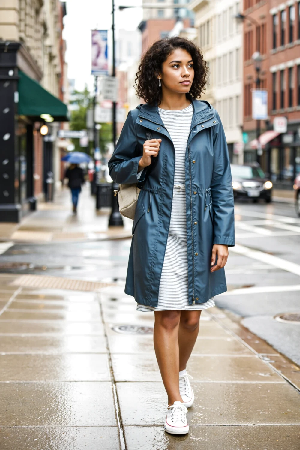 Woman walking on wet city sidewalk wearing a blue water-resistant anorak layered over a striped midi dress with white sneakers.