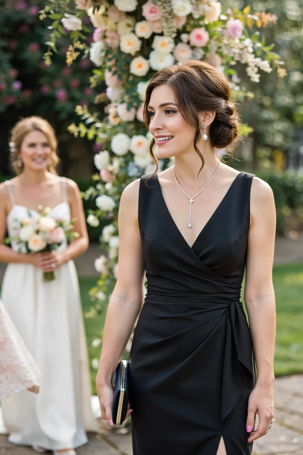 Woman in a V-neck black wrap dress at a wedding wears a Y-lariat pendant and pearl drop earrings, holding a clutch by floral arch.