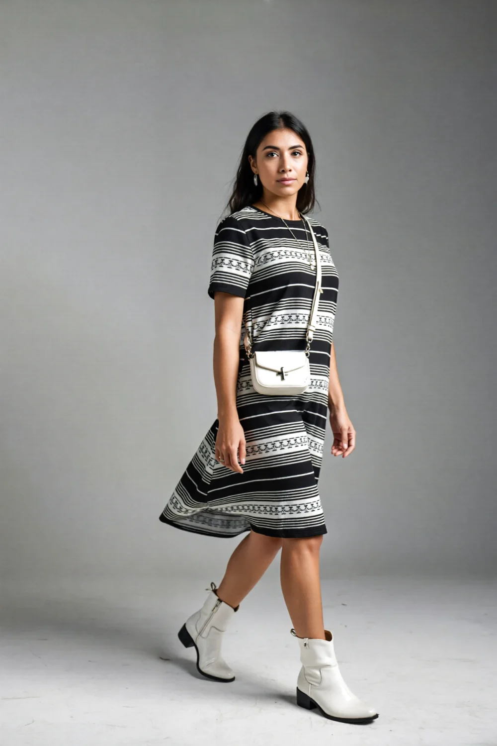 Woman in black-and-white striped dress wearing white ankle boots and a white crossbody bag for crisp, fashion-forward contrast