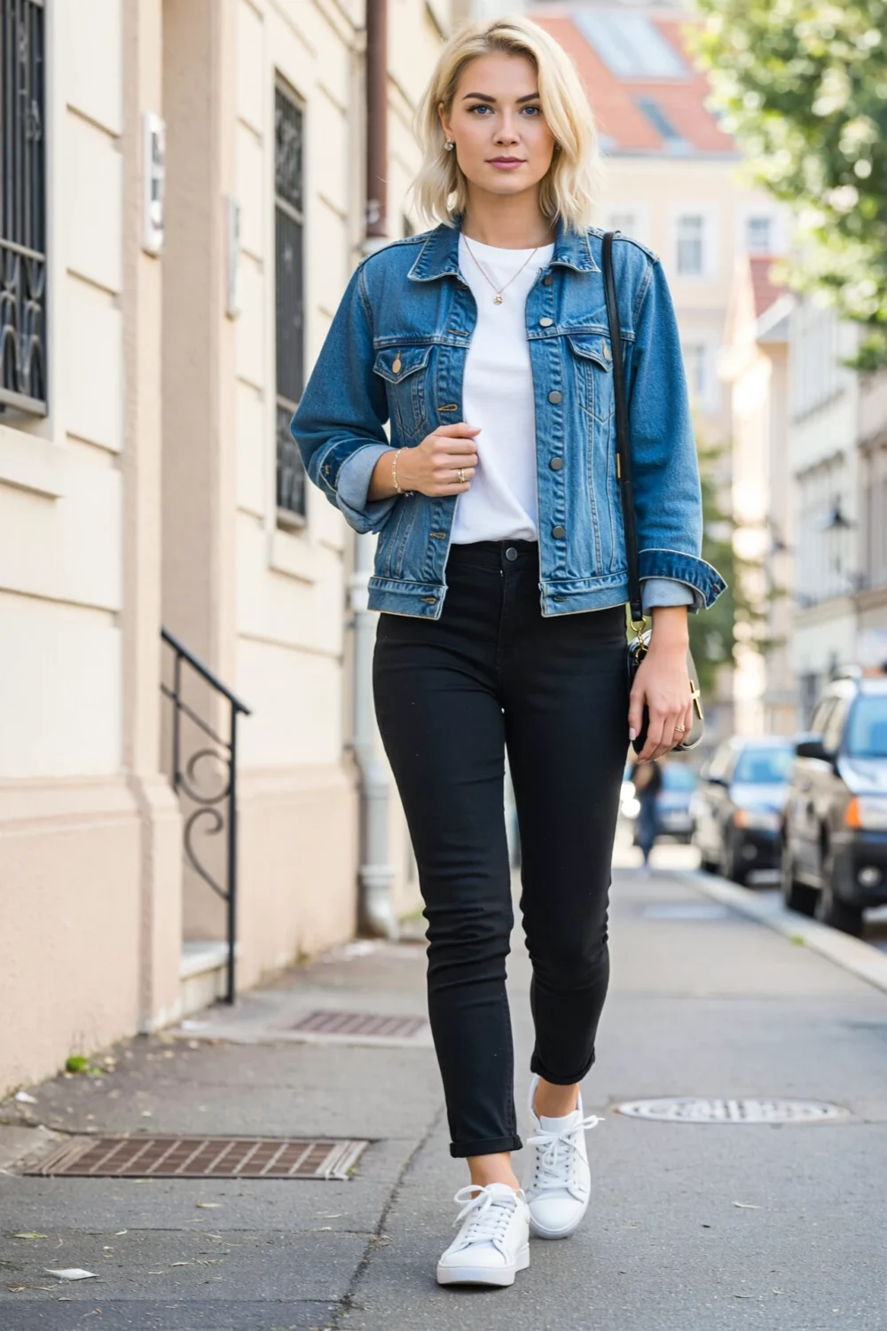 Blonde woman in white crew tee, denim jacket, black jeans and white sneakers walking a street, timeless weekend style, classic