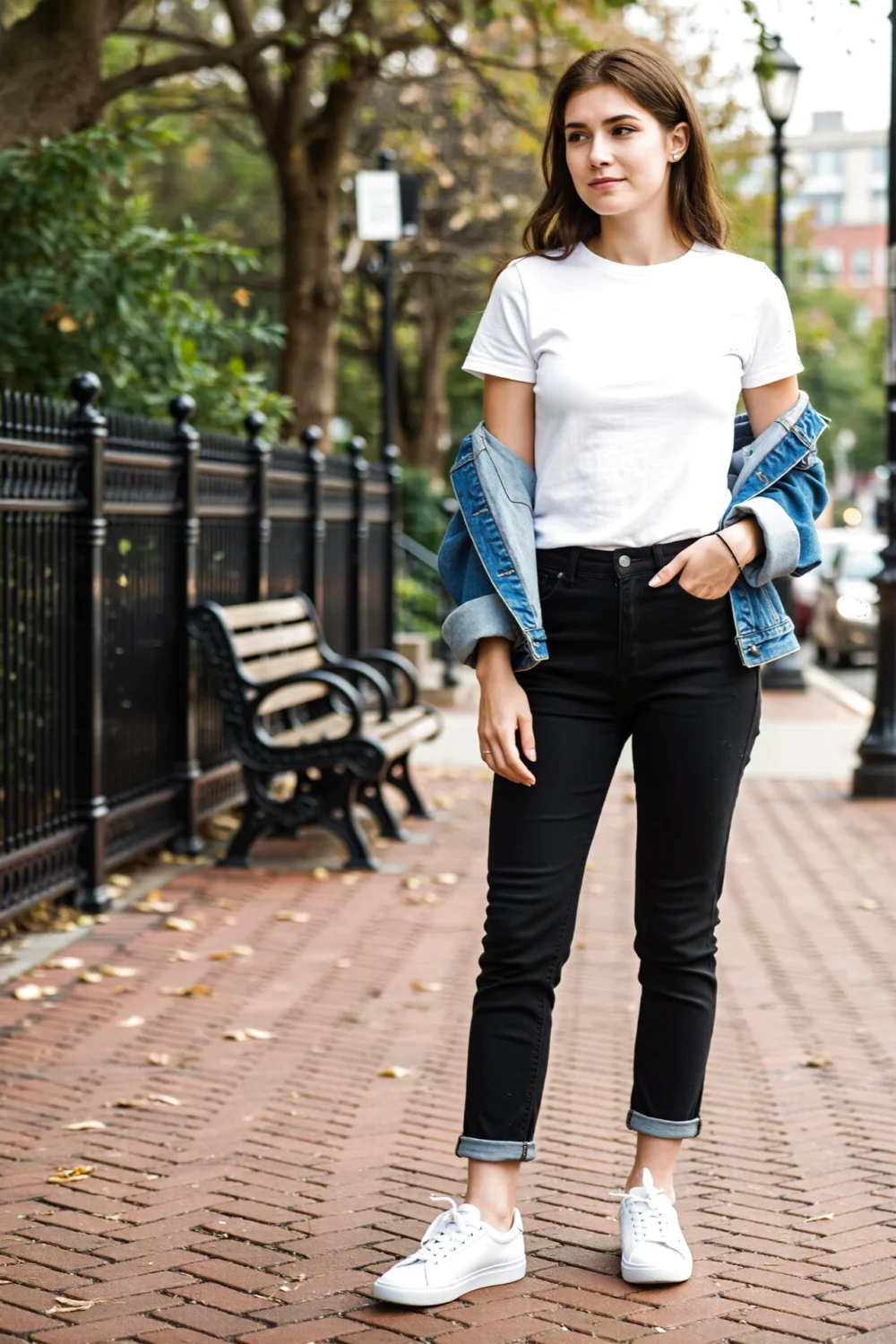 Woman in a white crewneck tee, cuffed black straight jeans and white sneakers, denim jacket draped for a casual layered look.