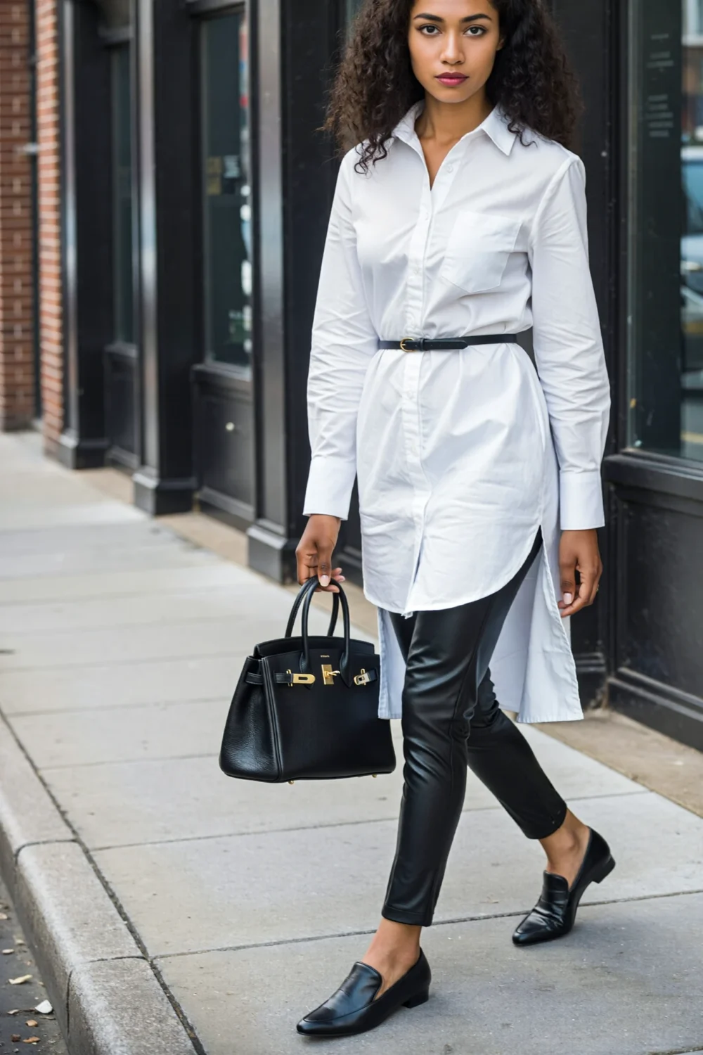 Woman in white shirt dress over slim black cigarette pants, belted and carrying a black handbag, on a city sidewalk