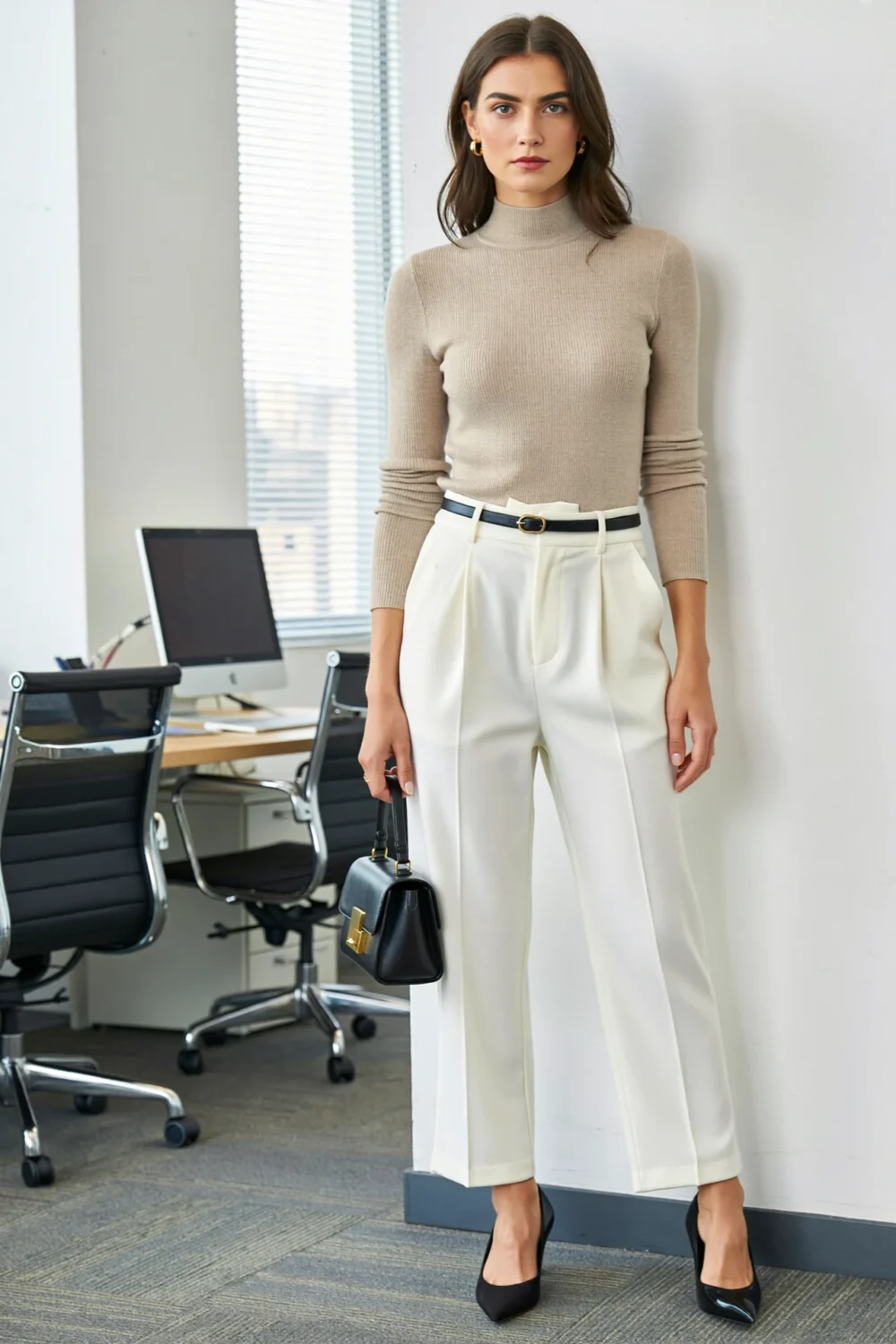 Tailored white trousers with beige top, slim black belt and pointed pumps create a polished neutral office look with clean lines