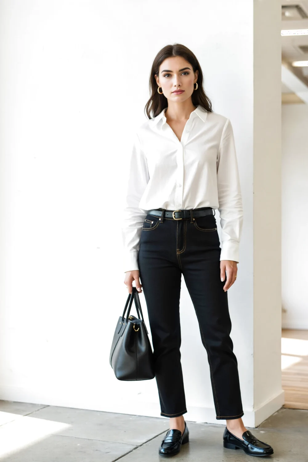 Model wearing a crisp white poplin button-up front-tucked into black jeans with loafers, gold hoops and a streamlined black tote