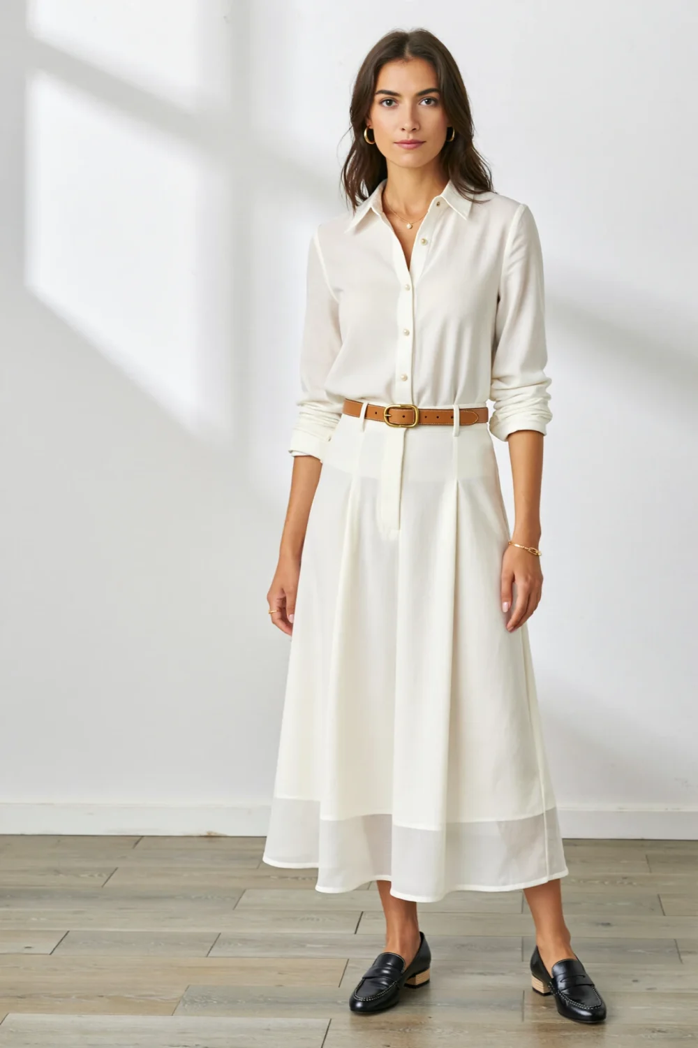 Woman in white poplin shirt and A-line maxi skirt, cinched with camel belt and paired with black loafers for polished office style