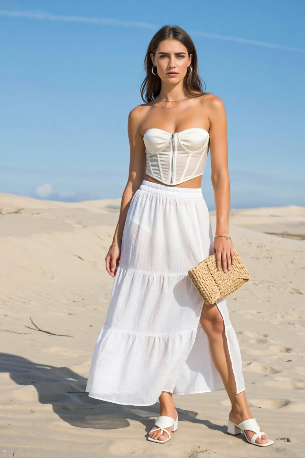 Woman in a white bandeau corset and tiered maxi skirt with side slit, holding raffia clutch on sunlit sand dunes, elegant resort look
