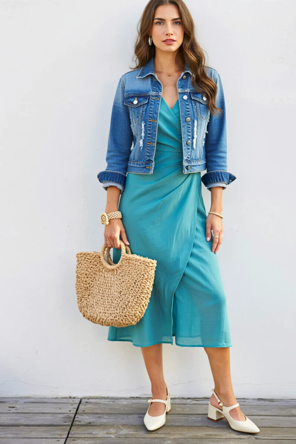 Teal dress with ivory slingback pumps, denim jacket, and straw tote for a fresh daytime look with breezy, modern style and low heel