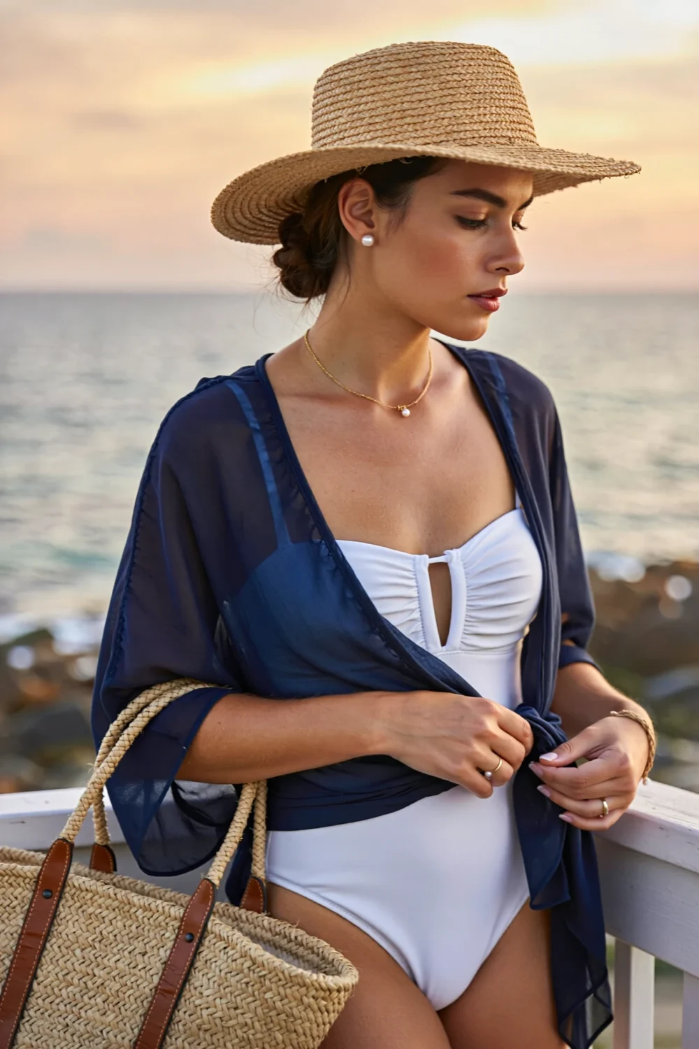 Woman in white swimsuit with navy wrap, straw hat and beach tote, creating a timeless coastal evening look by the sea