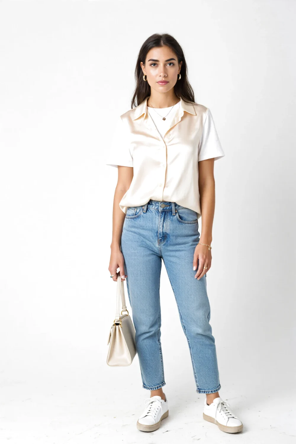 Woman in a cream silk shirt over a white tee tucked into light blue jeans, white sneakers and minimal jewelry, with a cream tote