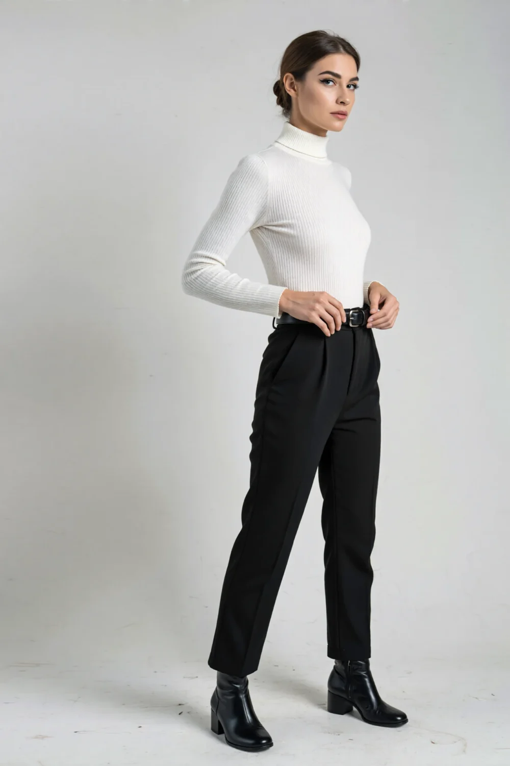 Woman in a slim white turtleneck tucked into belted high-waist black trousers and ankle boots in a very sleek tailored silhouette