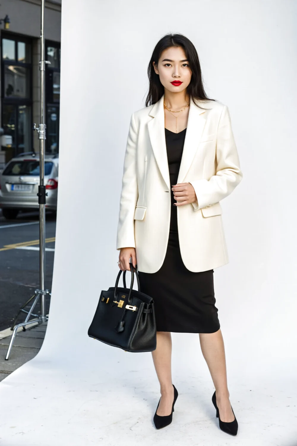 Woman in a structured white blazer over a black dress holding a black handbag and gold necklace for a high-contrast modern look