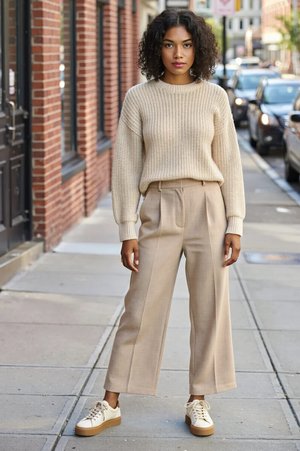 Model in a boxy cream knit with wide-leg beige trousers and cream platform sneakers, tailored hems that show the sneakers outdoors