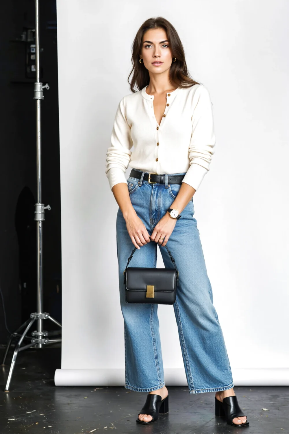 Woman in buttoned cream cardigan-as-top with belted wide-leg light blue jeans, block-heel mules, minimal black handbag, watch.