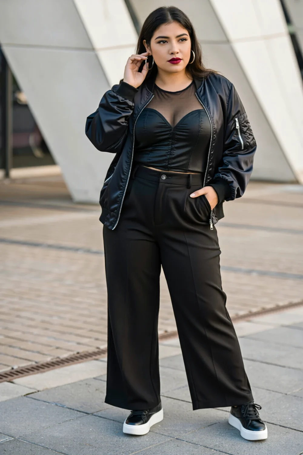 Curvy model in black bomber jacket, mesh base with corset top, high-waist wide-leg trousers, platform sneakers, hoops, bold lip