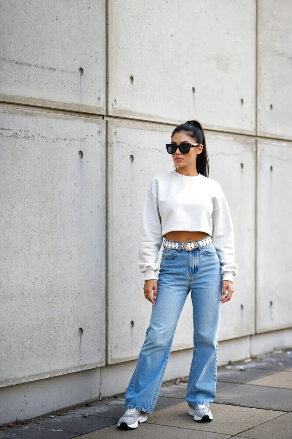 Street-style woman in cropped sweatshirt, wide-leg light blue jeans, statement belt, platforms, chunky sunglasses, sleek ponytail