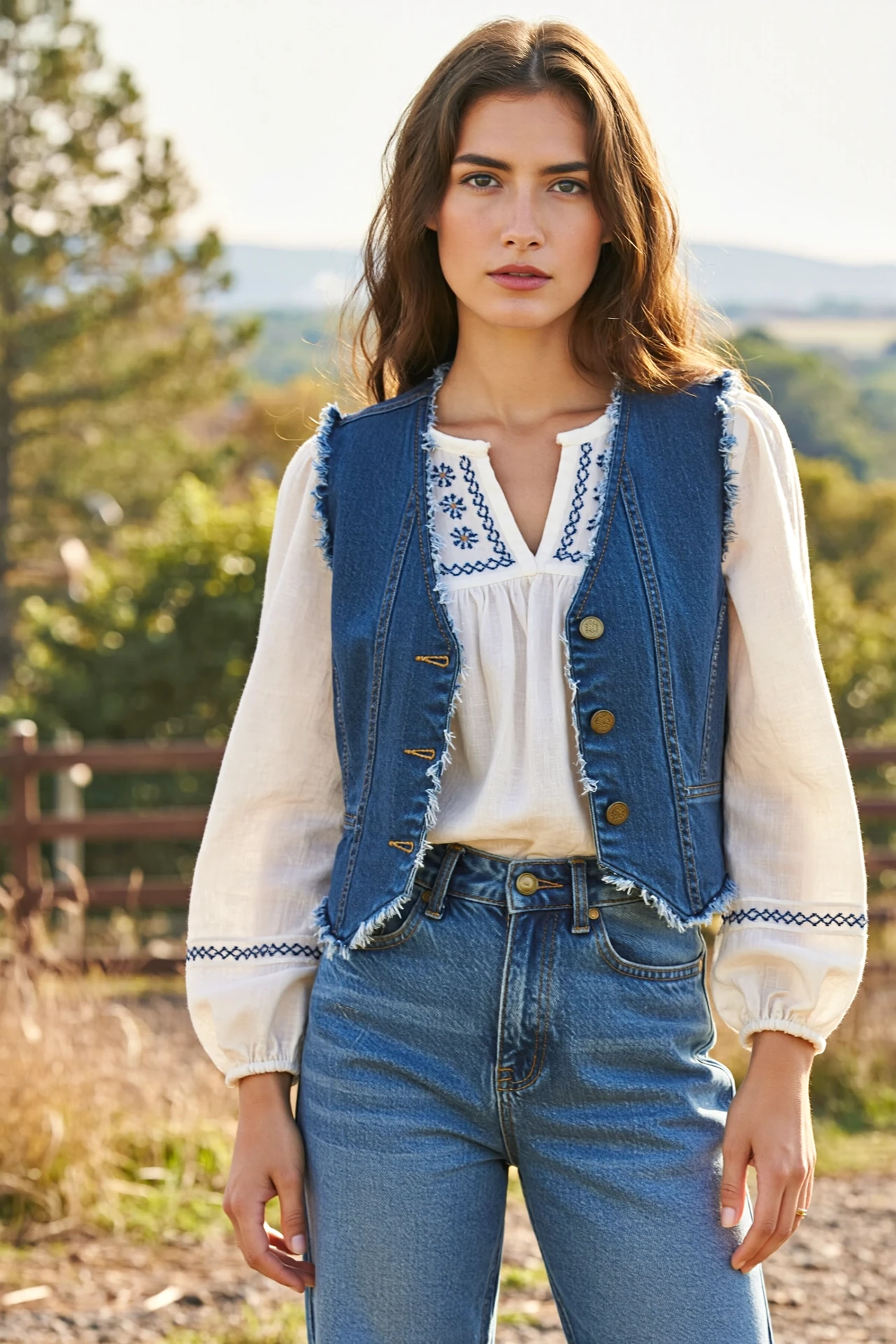 Woman in wide-leg jeans, tucked embroidered peasant blouse, and cropped denim vest for a retro, crowd-ready festival outfit