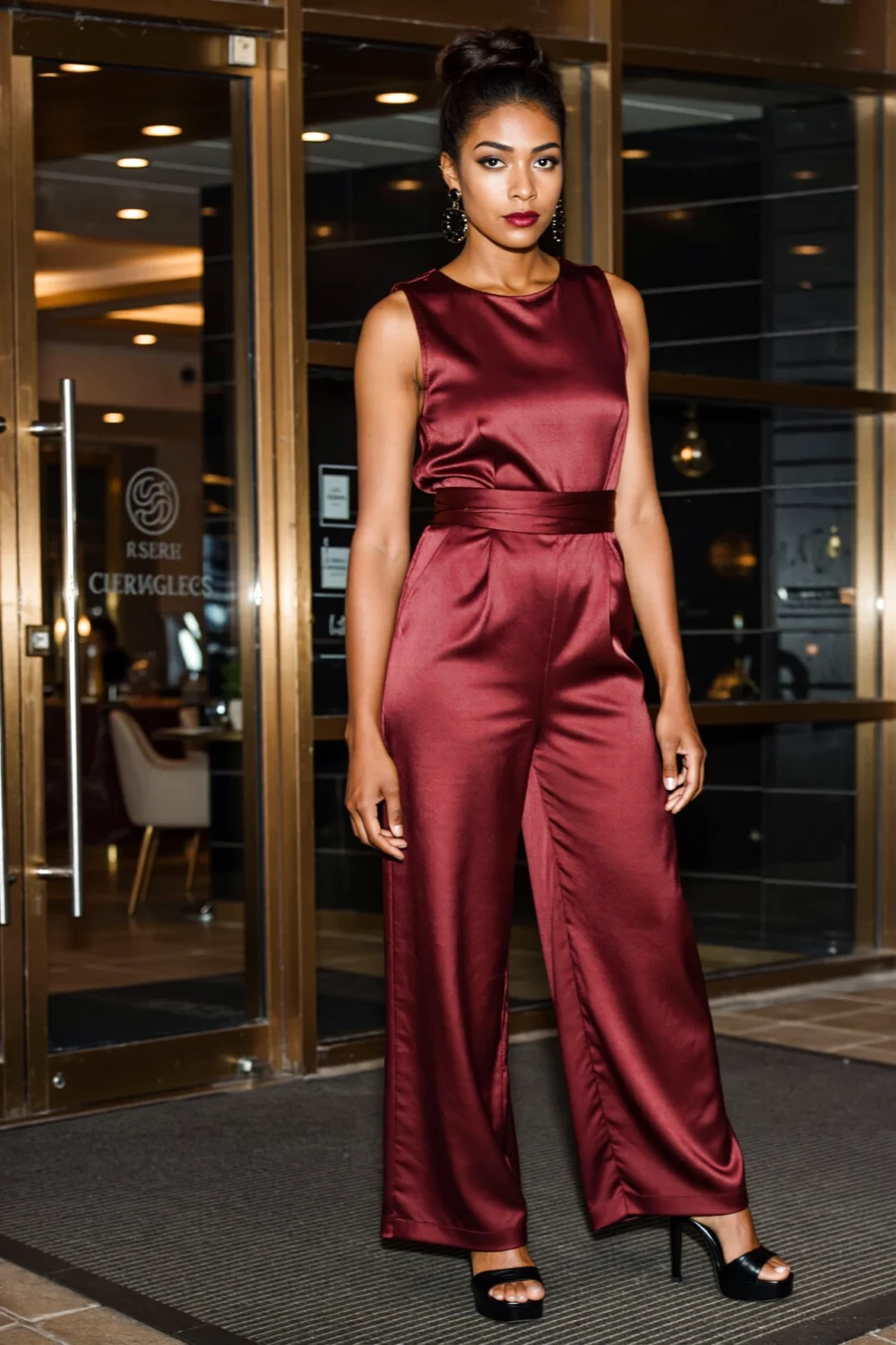 Woman in a burgundy satin wide-leg jumpsuit with cinched waist and black heels, styled for cocktail hour outside a hotel entrance
