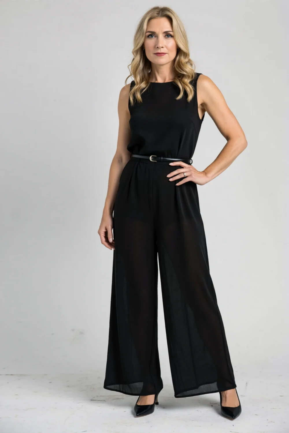 Woman in sleeveless wide-leg black crepe jumpsuit, cinched at the waist with a slim belt, standing confidently in heels, modern.
