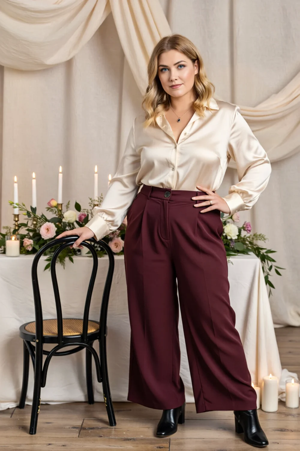 Woman in a tucked cream satin blouse and wide-leg plum trousers, hand on black chair, floral candles backdrop, black ankle boots.