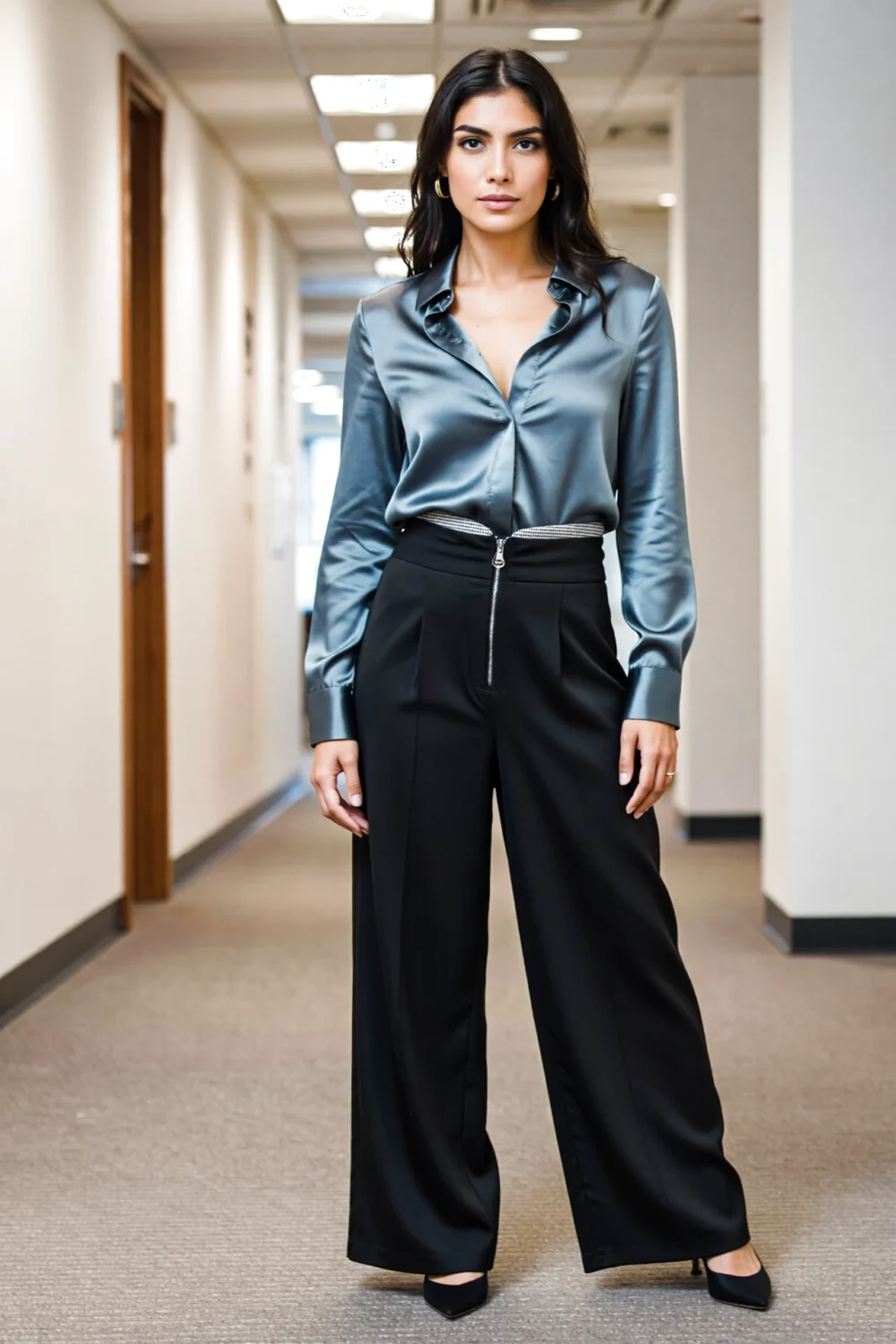 Woman wearing high-waist wide-leg black trousers and a silky teal blouse, polished elegant business casual look for a career fair