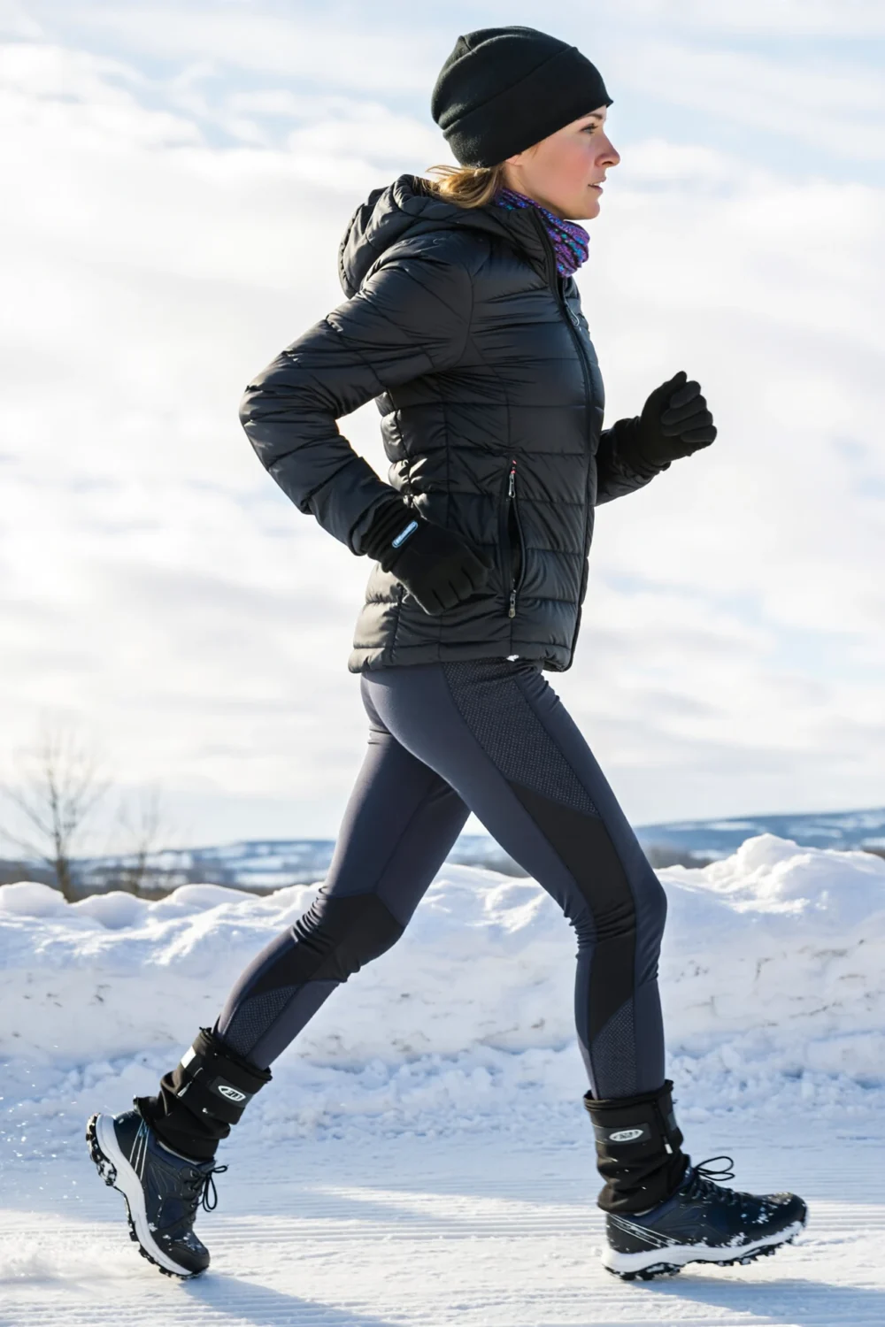 Runner in ski-chic wind pants with zoned wind panels over thermal tights, ankle zips, waterproof boots and a cinched puffer style.
