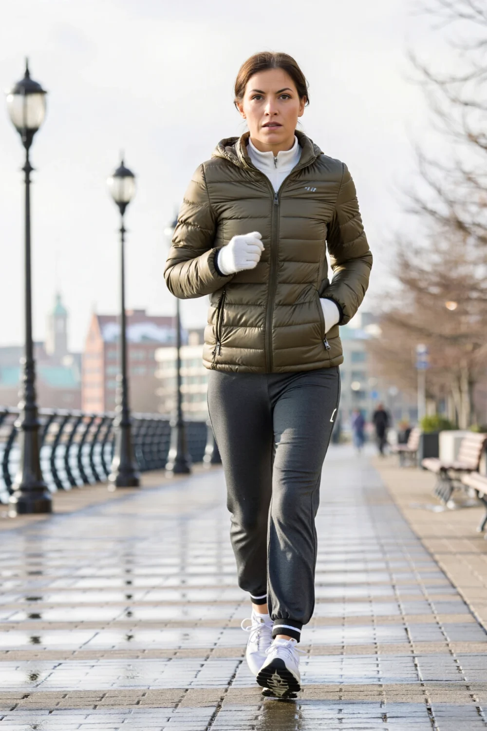 Woman jogging along a waterfront in an olive cropped puffer and wind-resistant tapered joggers with ankle zips and white sneakers