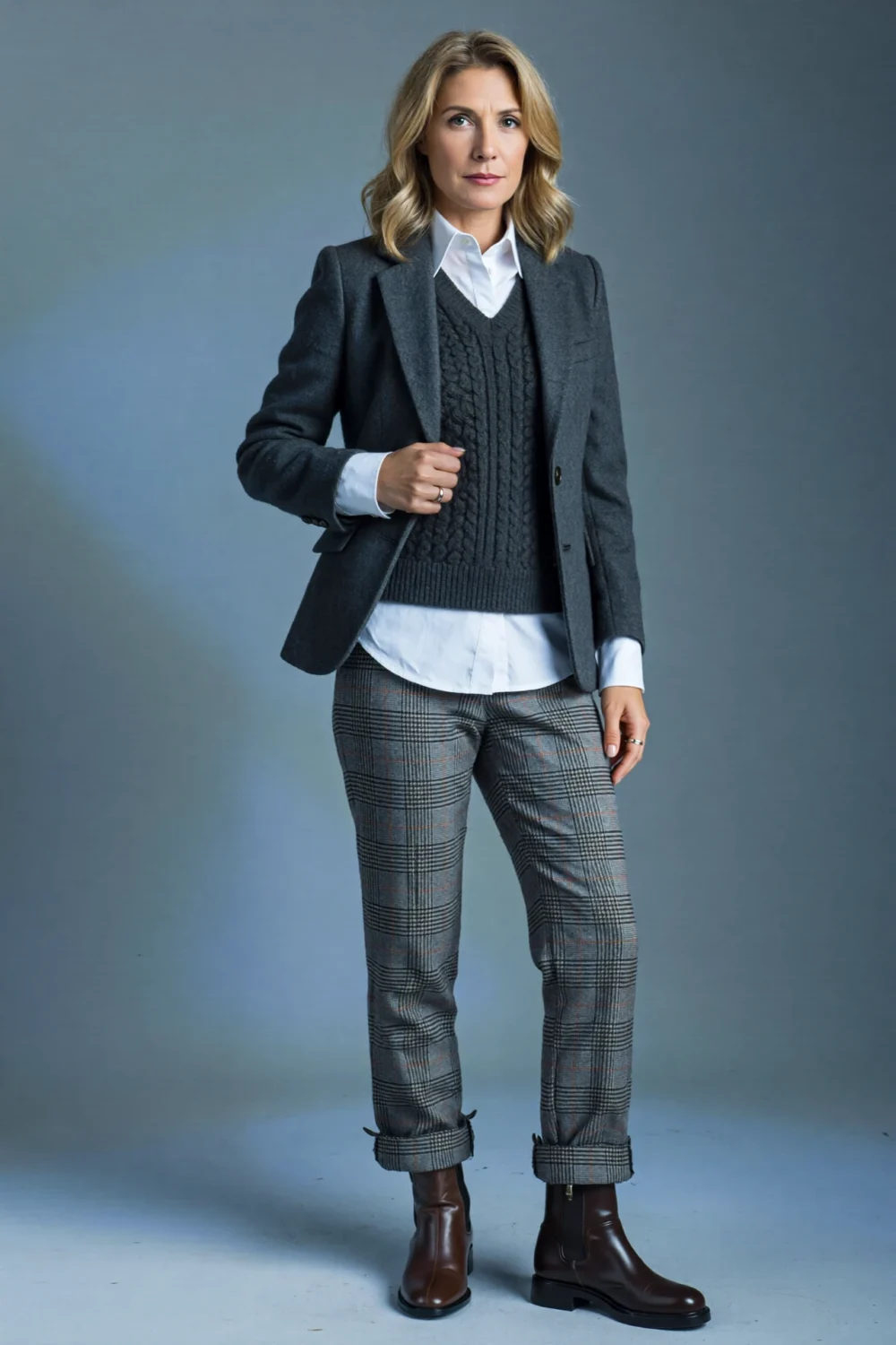 Woman in white shirt, knit vest and tailored blazer with tartan trousers and brown boots, styled for refined winter tailoring