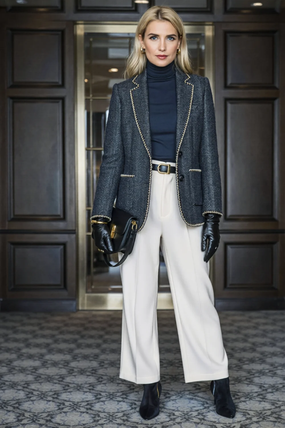 Monochrome navy and winter-white outfit with textured blazer, wide-leg trousers, gloves, and boots for a sleek luxe finish