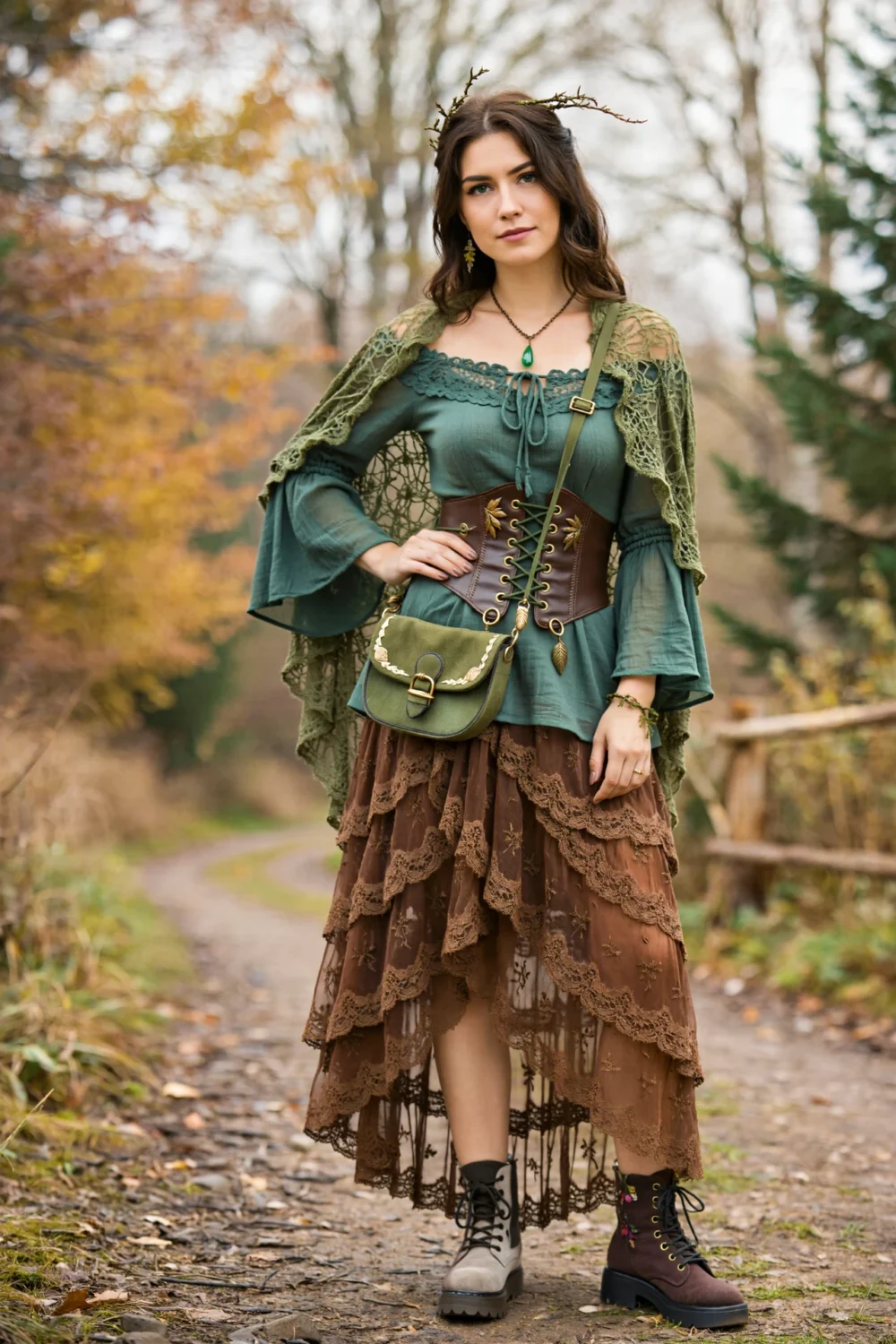 Dreamy woodland outfit with moss green blouse, corset belt, layered lace skirt, capelet, and boots on a forest path.