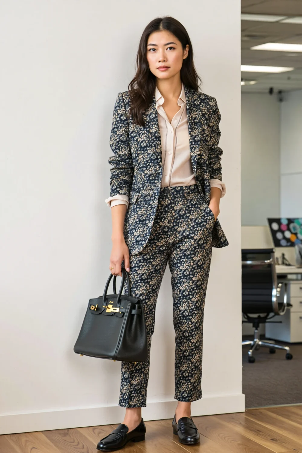 Woman wearing micro-floral straight-leg trousers with blazer and shirt, styled as polished workwear with loafers and black handbag