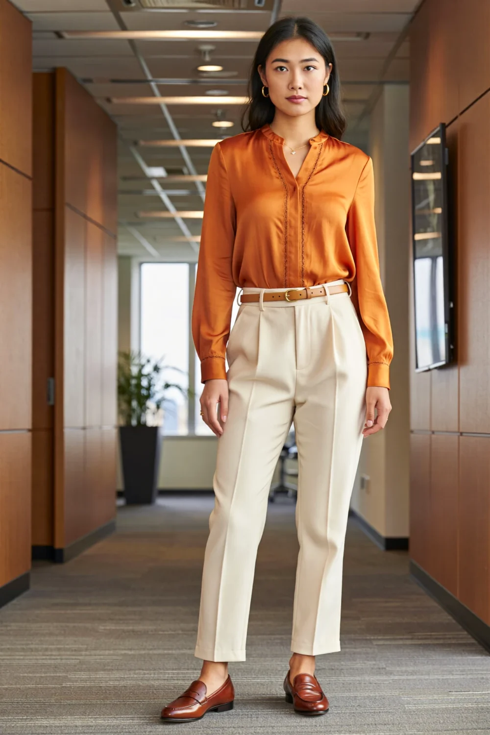 Woman in tucked orange shirt and cream trousers with tan belt and loafers, styled in a polished office-ready look with pressed crease