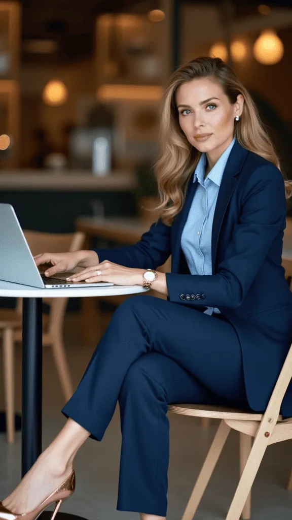Professional woman in a blue suit working on a laptop at a cafe.