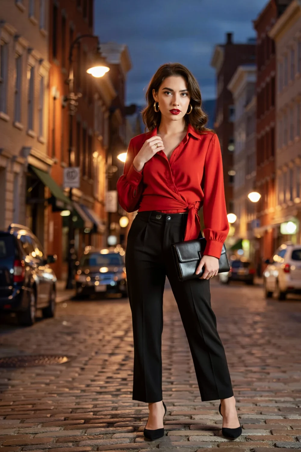 Work-to-night portrait of a woman in a red wrap blouse, black straight-leg trousers, slingbacks, gold hoops, clutch and bold lip.