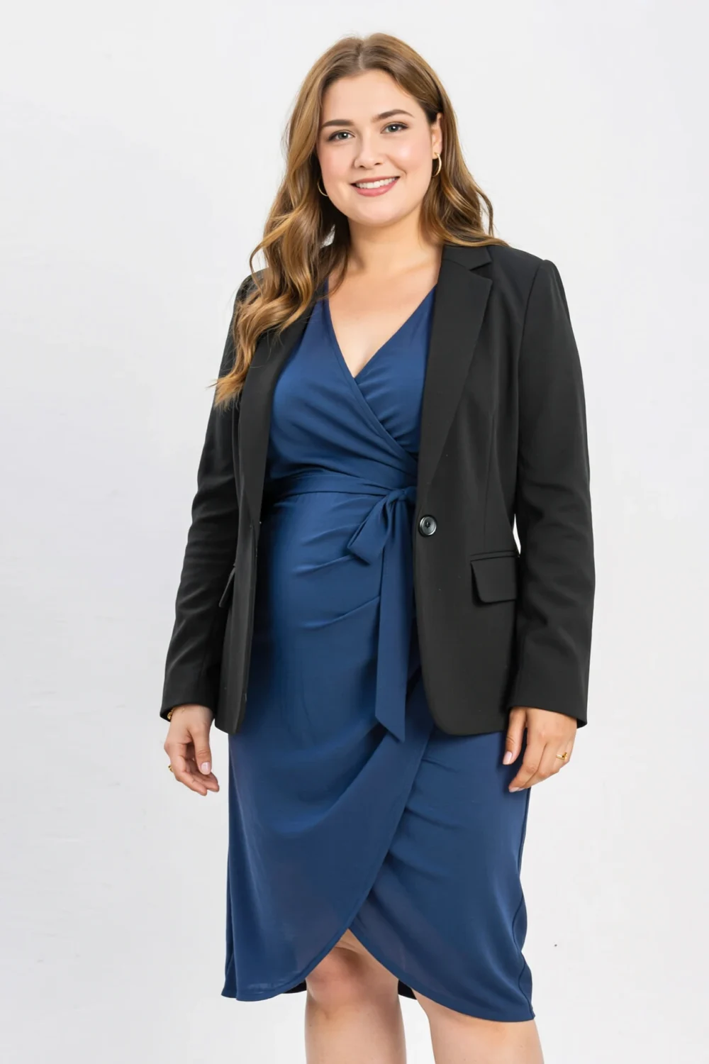 Blue wrap midi dress with sewn-in tie and black blazer, styled for a polished, chapel-ready service look with a flattering fit