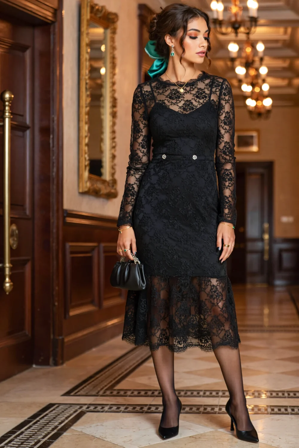 Brunette woman in a sheer black floral lace midi dress with scalloped V-neck, fitted sleeves, and flounced A-line skirt in an ornate hallway