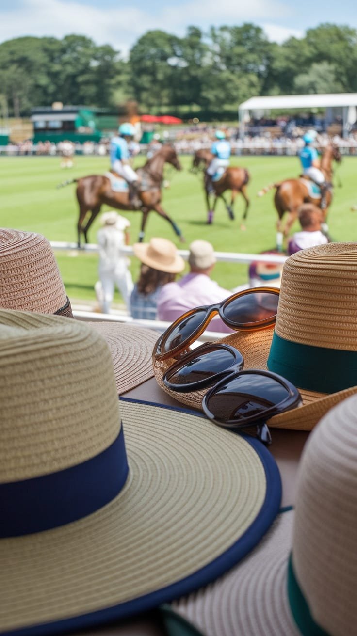 Various stylish hats and sunglasses set against a vibrant polo match backdrop.