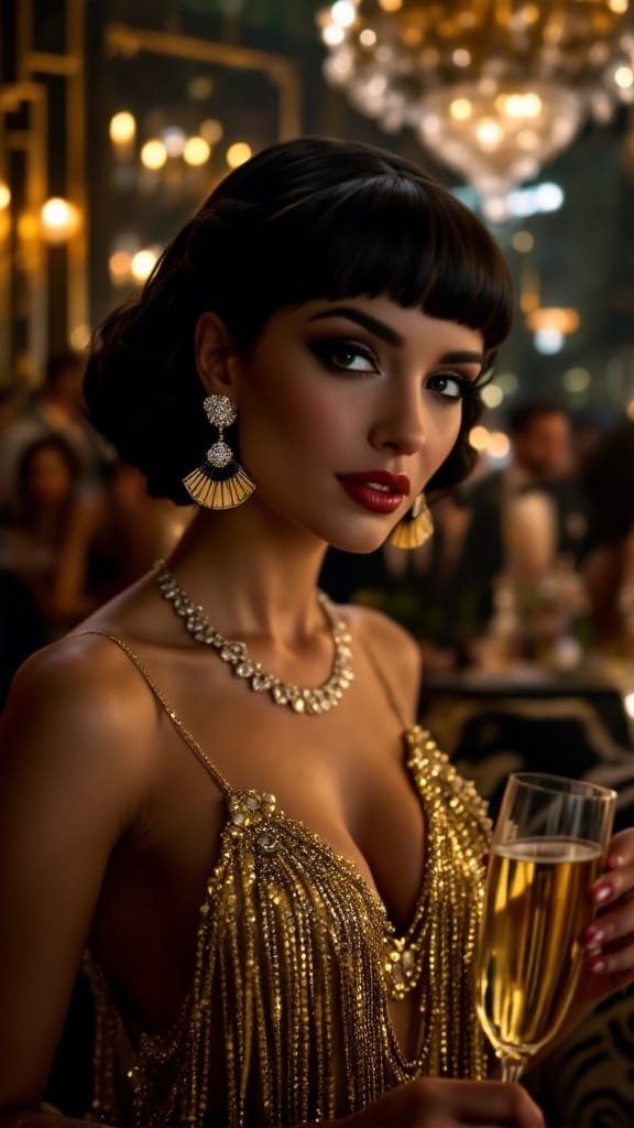 A woman wearing big art deco earrings and a diamond tennis necklace, holding a glass of champagne.