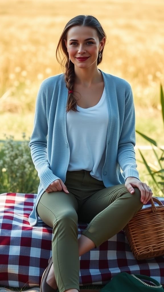 A woman wearing a baby blue cardigan with olive green pants, sitting outdoors.