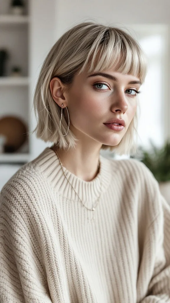 A woman with short blonde hair wearing dangling earrings and a simple silver necklace.