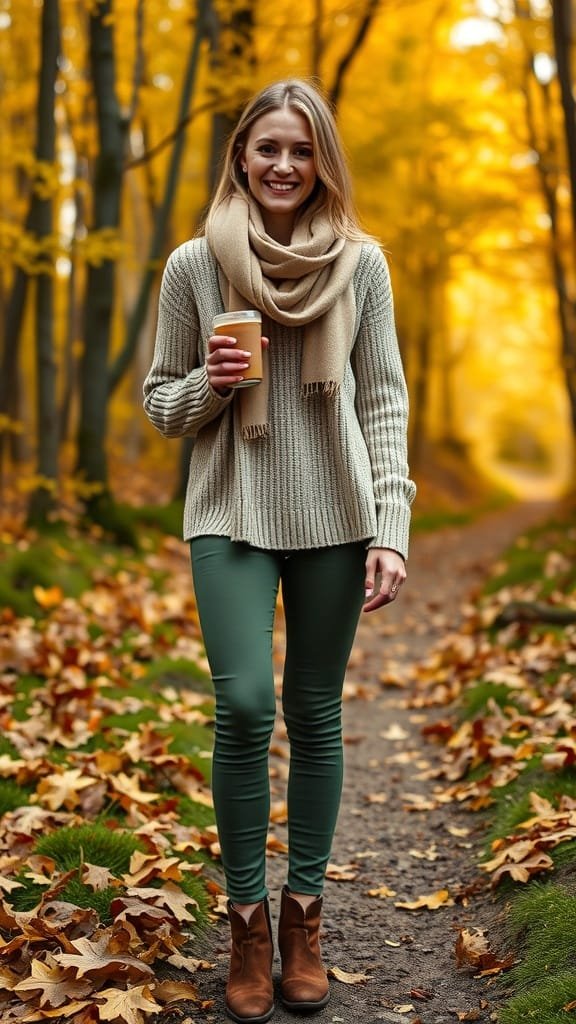 A woman wearing a beige knit top and olive green pants, standing in a forest with autumn leaves.