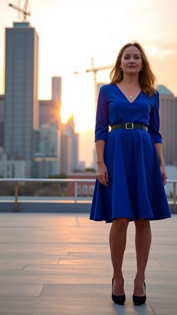 A woman wearing a blue dress and black heels, standing outdoors.