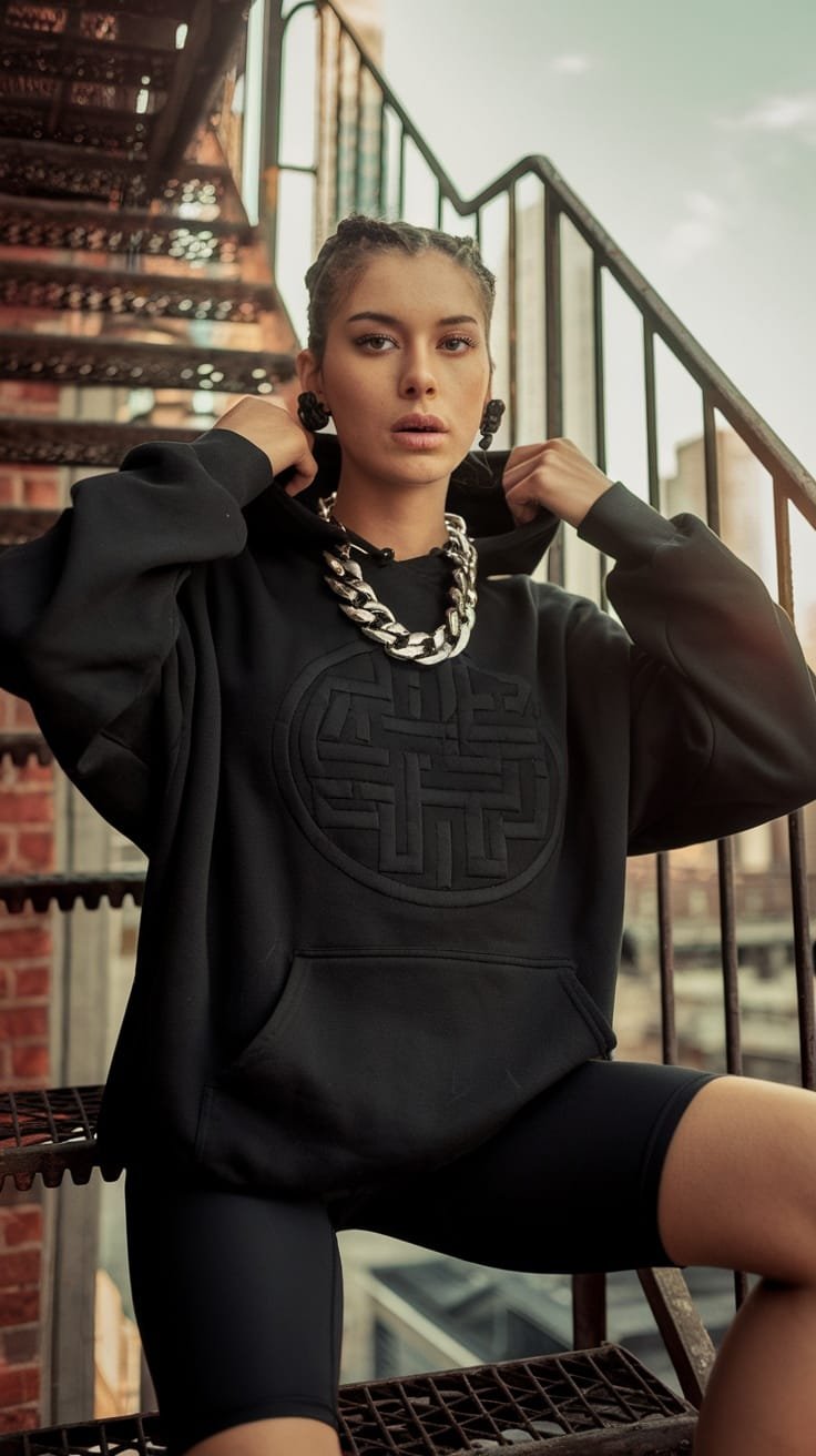 A woman wearing black onyx earrings and a chunky silver chain with a hoodie.