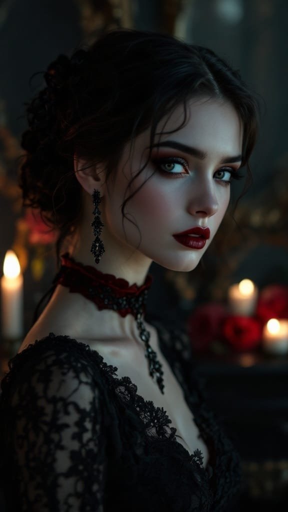 A woman with dark hair and bold makeup, wearing chandelier earrings and a slim velvet choker.