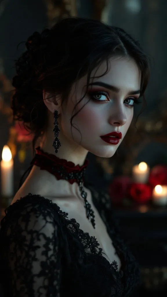 A woman with dark hair and bold makeup, wearing chandelier earrings and a slim velvet choker.