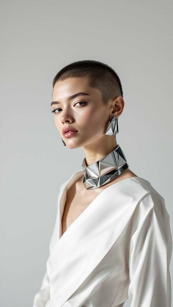 A model wearing bold metallic geometric jewelry with dangling earrings.