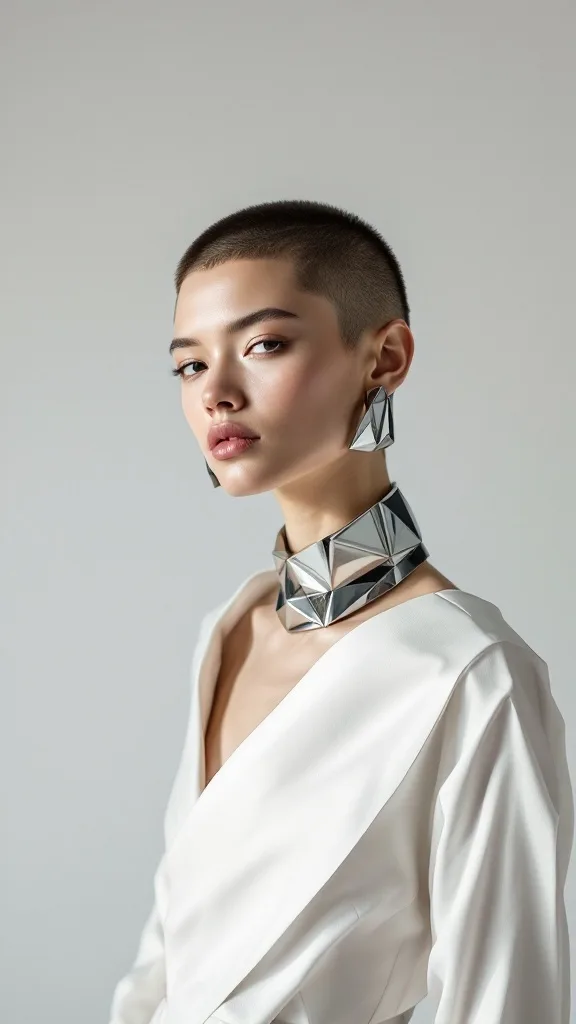 A model wearing bold metallic geometric jewelry with dangling earrings.