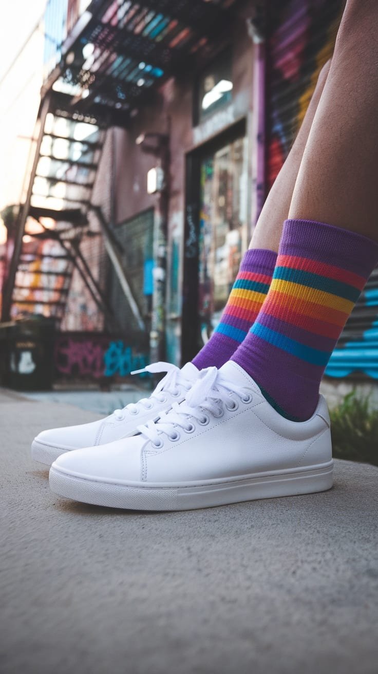 A close-up of white sneakers paired with colorful striped crew socks.